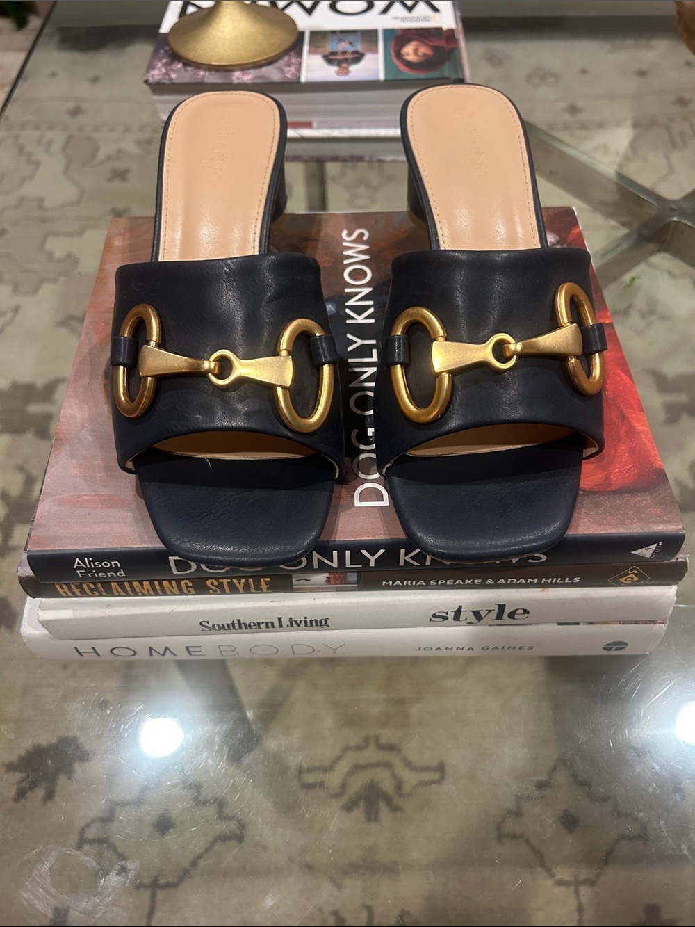 Gold-Bit Navy Blue Leather Slide Mules